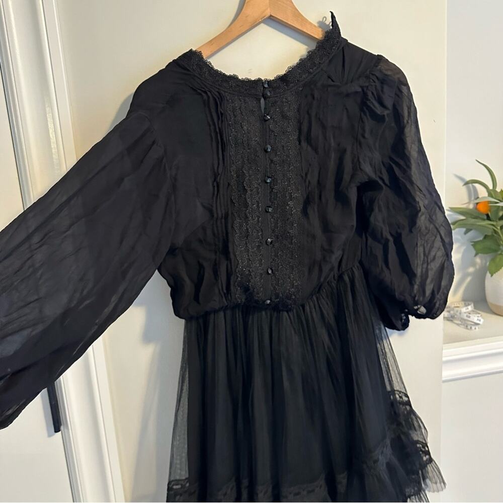 Alice + Olivia Black Silk Button Front Tulle Long Sleeve Mini Dress Small - Picture 12 of 12